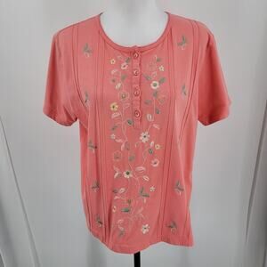 Shenanigans T Shirt Womens Large Pink Floral Embroidered Pleated Vintage